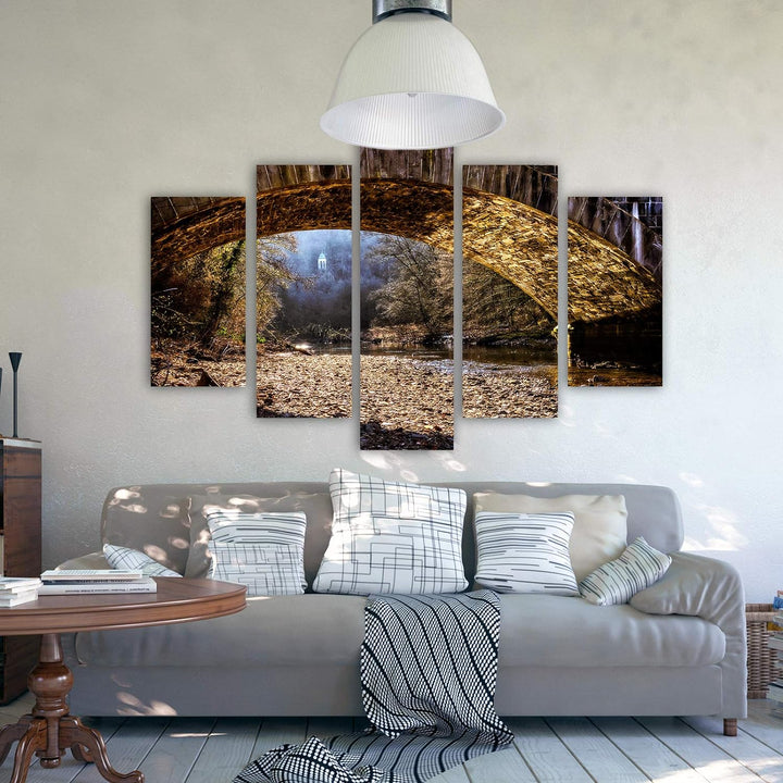 Feeby Wanddeko XXL Landschaft Leinwandbild 5 Teilig Brücke Wasser Natur braun 100x70 cm Leinwandbild