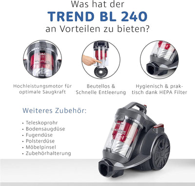 Fakir BL 240 Trend - Premium Staubsauger beutellos, Staubsauger HEPA 13, Langes Kabel und sehr stark