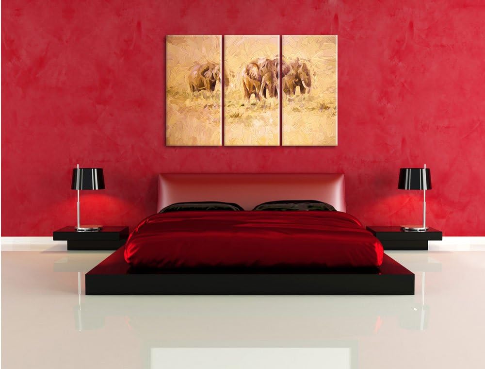 Pixxprint Elefanten in Südafrika / 3-Teilig/Gesamtmass 120cm Leinwandbild bespannt auf Holzrahmen/Wa