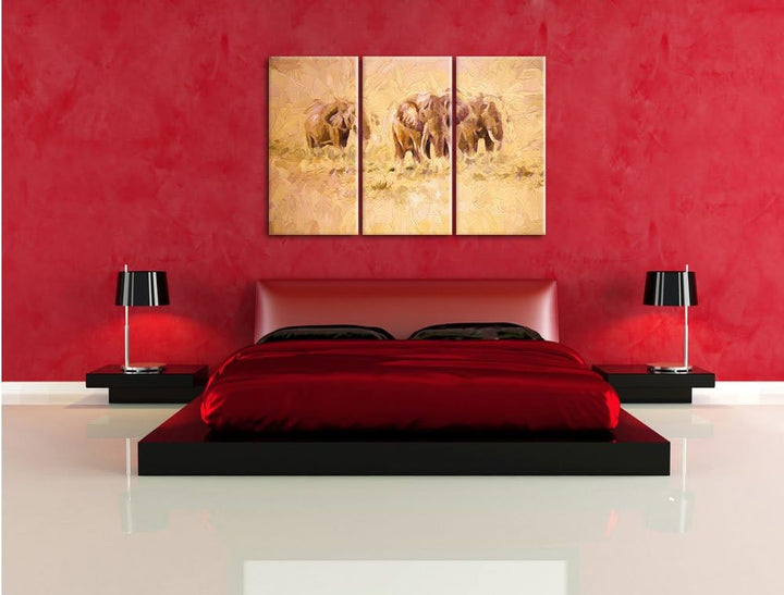 Pixxprint Elefanten in Südafrika / 3-Teilig/Gesamtmass 120cm Leinwandbild bespannt auf Holzrahmen/Wa
