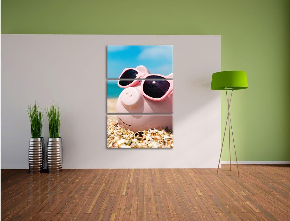 Pixxprint Schweinchen am Strand 3-Teiler Leinwandbild 120x80 Bild auf Leinwand
