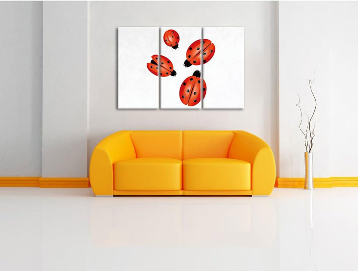 Pixxprint Süsse Marienkäfer weiss 3-Teiler Leinwandbild 120x80 Bild auf Leinwand, riesige Bilder fer