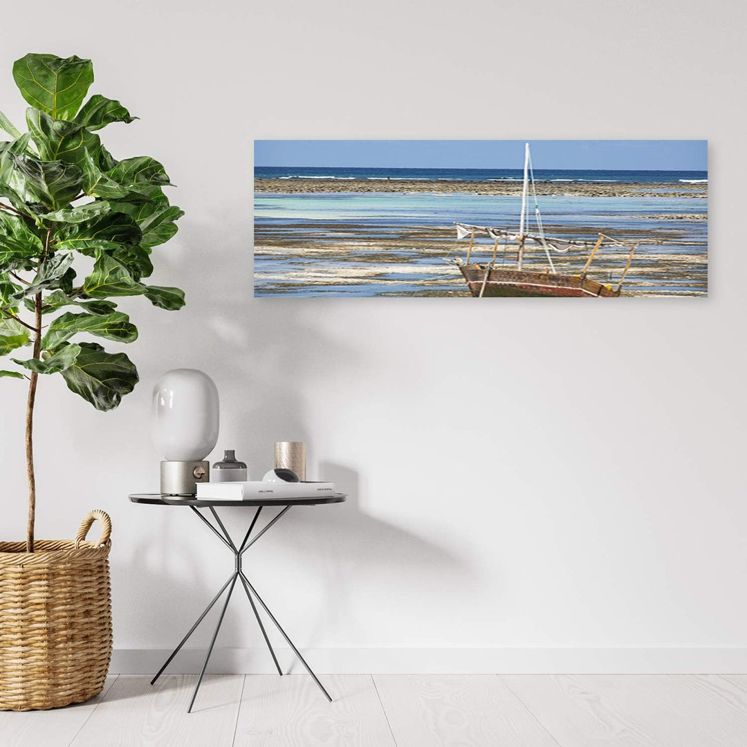 Feeby Deco Panel Ozean und Boot Bild Kunstdruck modern Landschaft Blau 120x40 cm Deko paneel 120x40