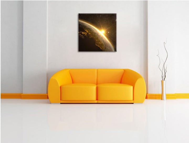 Pixxprint Die Sonne und Erde im Weltall als Leinwandbild Quadratisch/Grösse: 70x70 / Wandbild/Kunstd