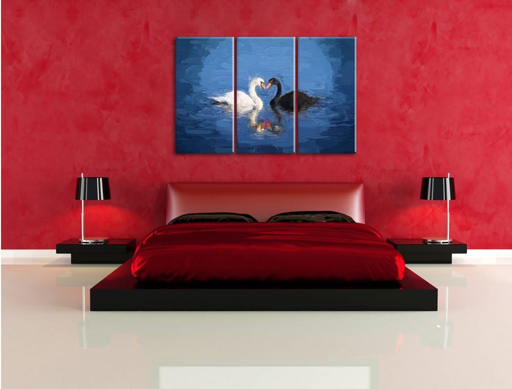 Pixxprint verliebte Schwäne schmusen Kunst / 3-Teilig/Gesamtmass 120cm Leinwandbild bespannt auf Hol