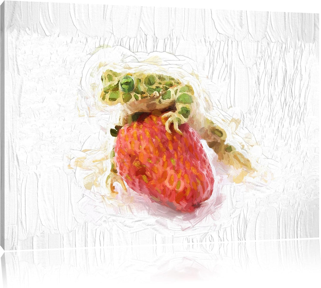 Pixxprint Frosch mit Erdbeere als Leinwandbild/Grösse: 100x70 cm/Wandbild/Kunstdruck/fertig bespannt