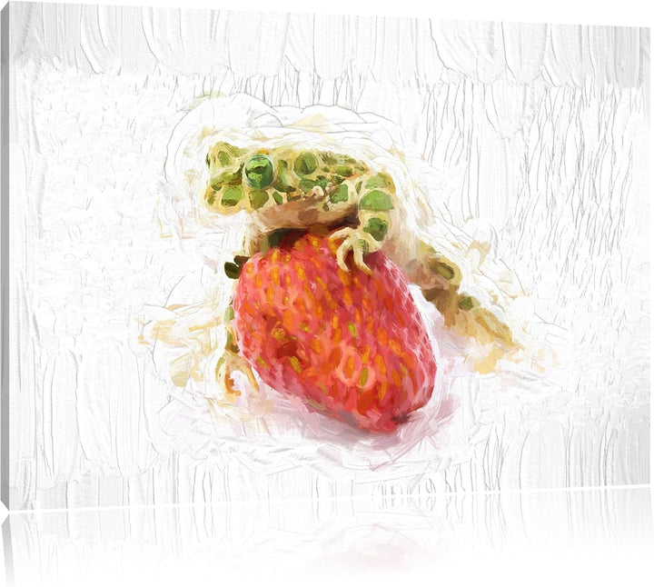 Pixxprint Frosch mit Erdbeere als Leinwandbild/Grösse: 100x70 cm/Wandbild/Kunstdruck/fertig bespannt