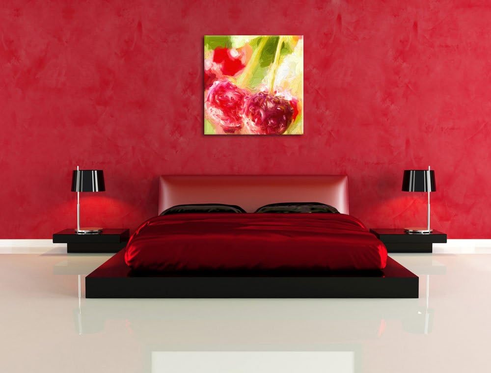 Pixxprint Frische Kirschen am Baum Pinsel Effekt, Format: 70x70 auf Leinwand, 70x70