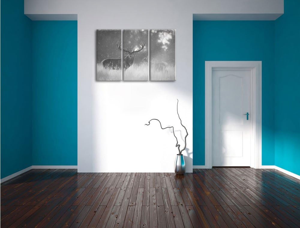 Pixxprint Rotwild im goldenen Morgenlicht Kunst Kohle Effekt 3-Teiler Leinwandbild 120x80 Bild auf L