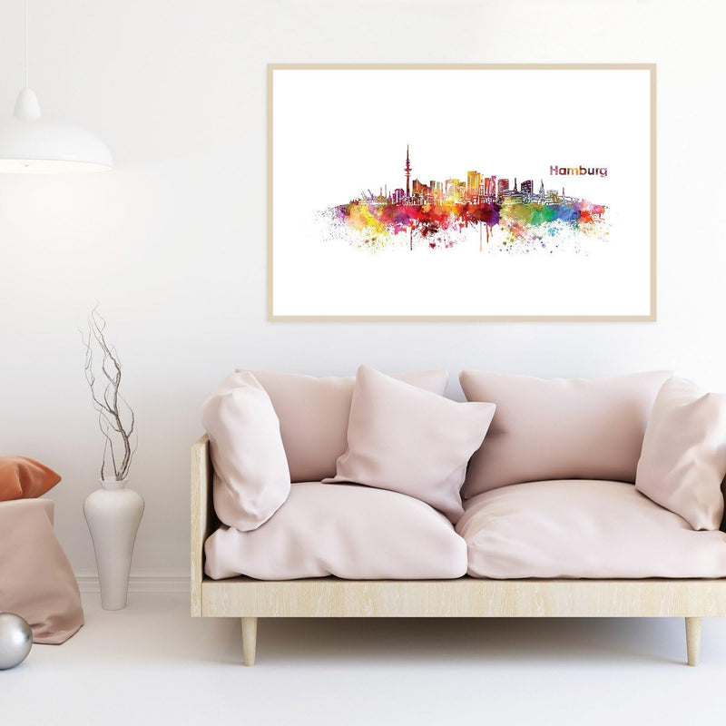 JUNIWORDS Poster mit/ohne Holzrahmen, Wähle ein Motiv, Aquarell Skyline Hamburg, Wähle eine Grösse,