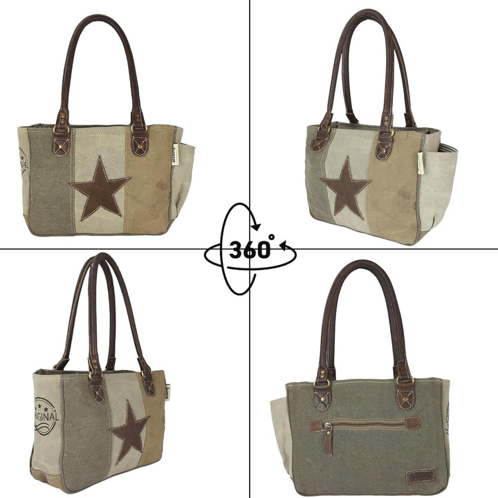Sunsa Damen Handtasche. Vintage Schultertasche mit Stern. Kleine Canvas Tasche. Handgelenktasche mit