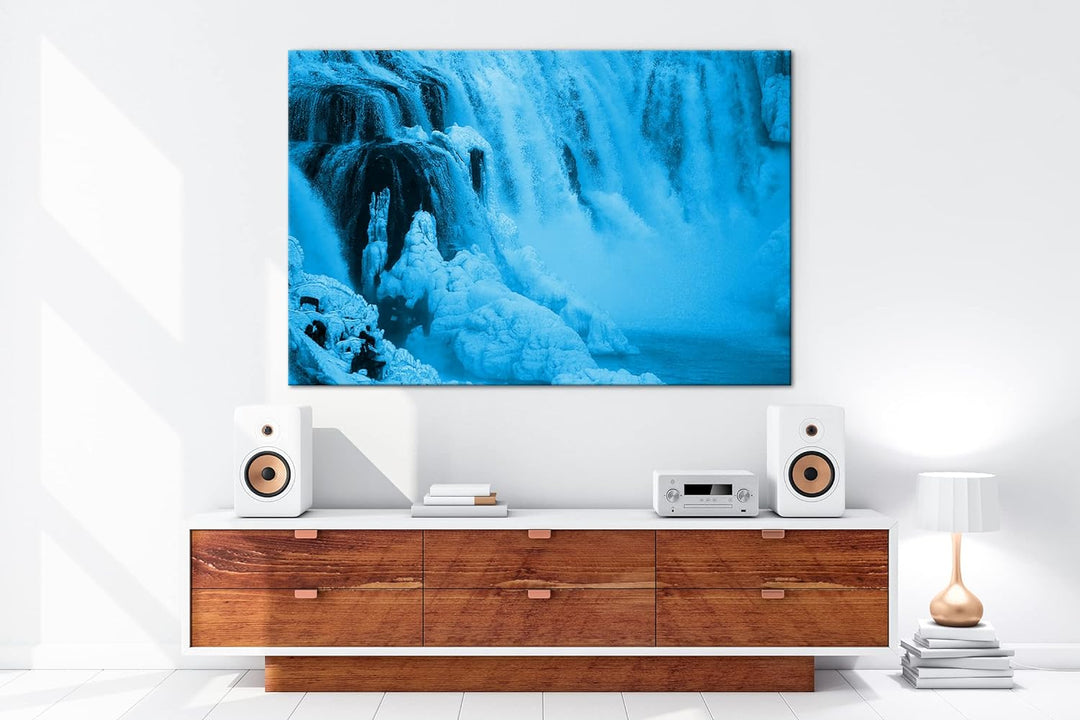 atemberaubender Wasserfall in der Natur Format 100x70 Effekt: Monocrome Blau als Leinwandbild, Motiv
