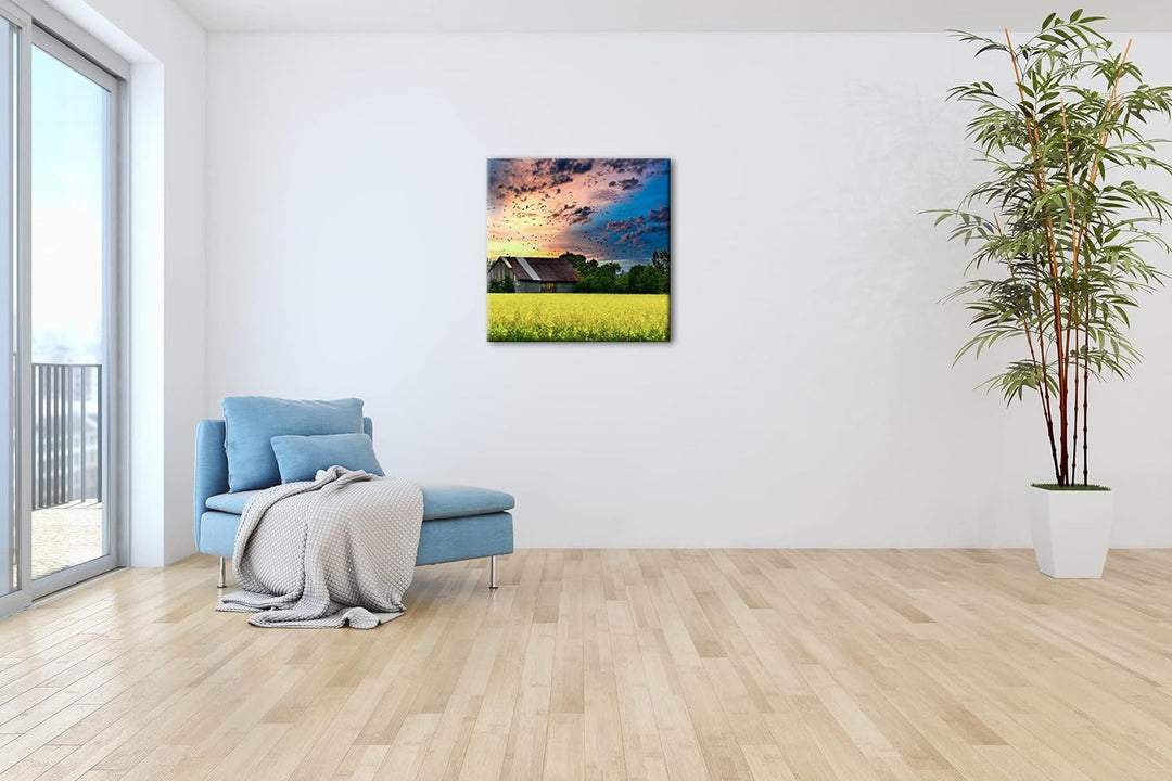 Scheune am blühendem Feld Format: 60x60 als Leinwandbild, Motiv fertig gerahmt auf Echtholzrahmen, H