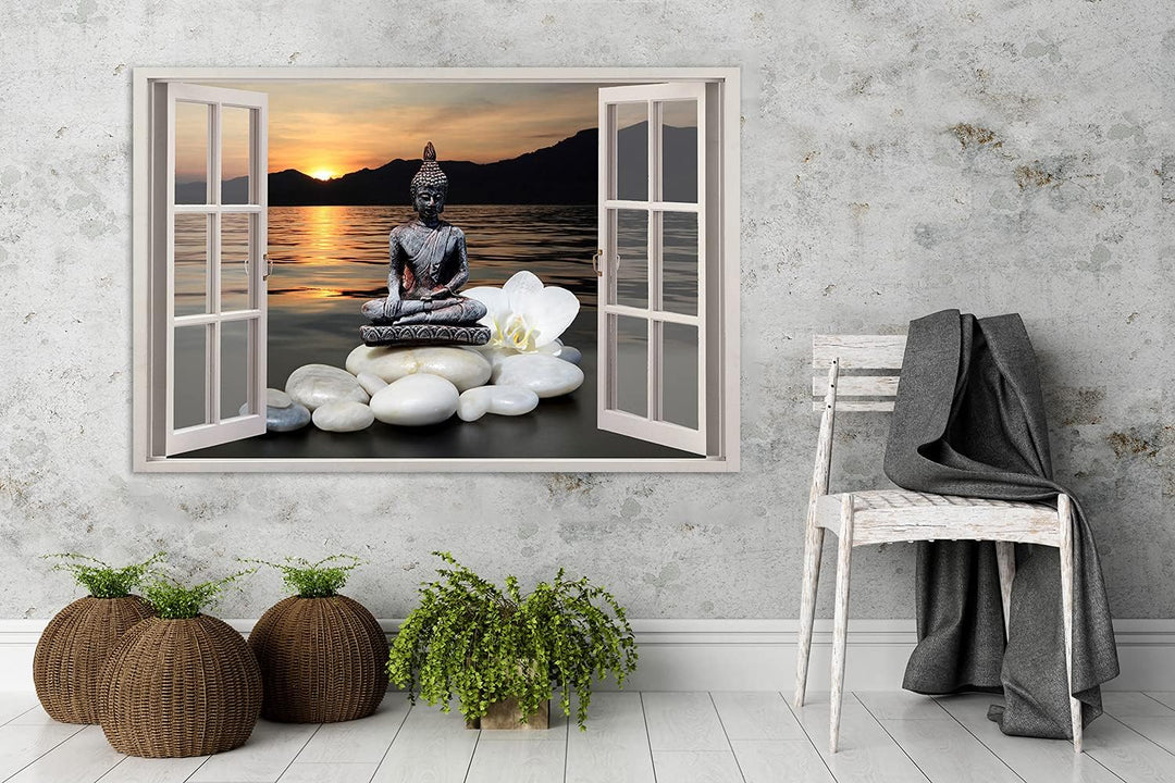 Feeby Viles - Leinwand Bilder - Fensterblick Natur- 120x80 cm- Deko Wohnzimmer - Wandbilder Schlafzi