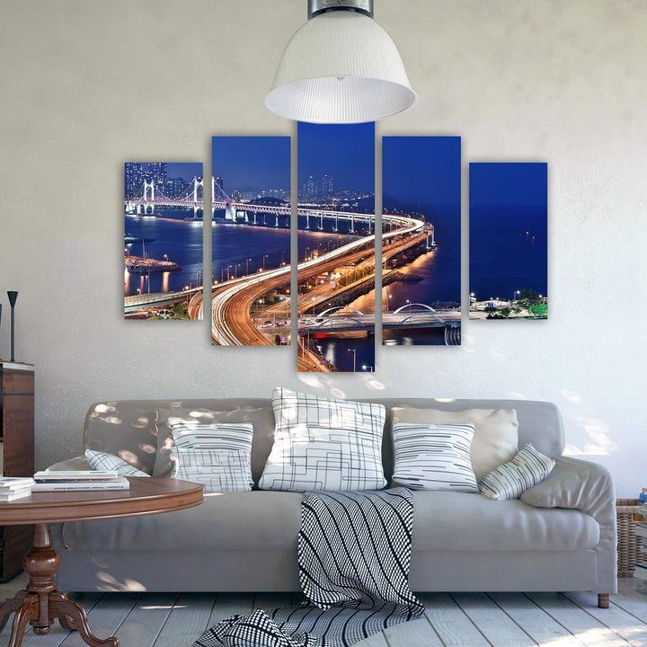 Wanddeko XXL Architektur Leinwandbild 5 Teilig Brücke Stadt See blau 100x70 cm Leinwandbild 100x70 c