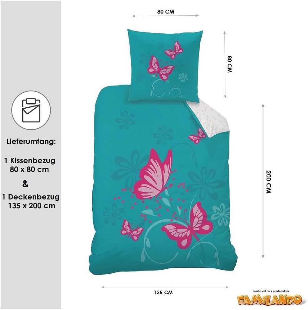 CTI - Bettwäsche Set Schmetterlinge 135x200 cm 80x80 cm Baumwolle türkis rosa Linon Wendebettwäsche