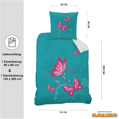 CTI - Bettwäsche Set Schmetterlinge 135x200 cm 80x80 cm Baumwolle türkis rosa Linon Wendebettwäsche