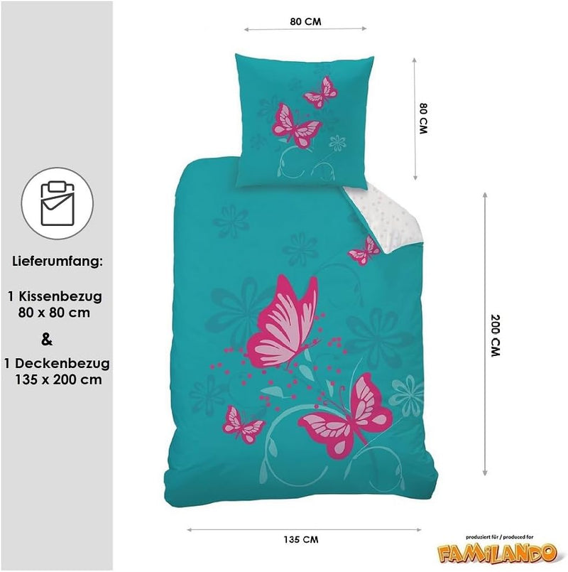 CTI - Bettwäsche Set Schmetterlinge 135x200 cm 80x80 cm Baumwolle türkis rosa Linon Wendebettwäsche