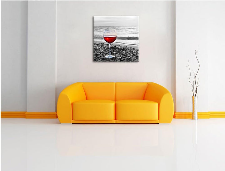 Pixxprint Weinglas am Strand als Leinwandbild/Grösse: 70x70 cm/Wandbild/Kunstdruck/fertig bespannt,