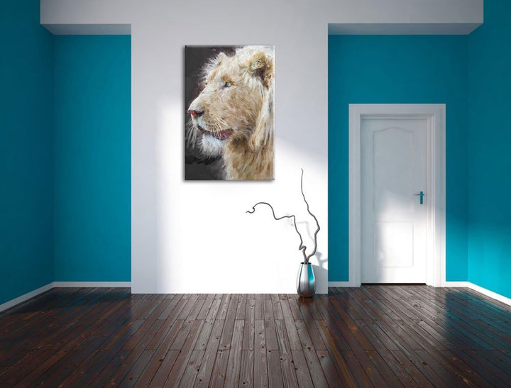 stolzer weisser Löwe schwarz/weiss Deluxe Format: 100x70 cm auf Leinwand, XXL riesige Bilder fertig