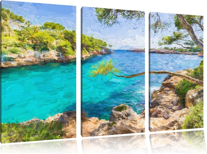 Pixxprint Idyllische Ansicht des Mittelmeers am Mallorca Bay Cove Kunst Pinsel Effekt 3-Teiler Leinw