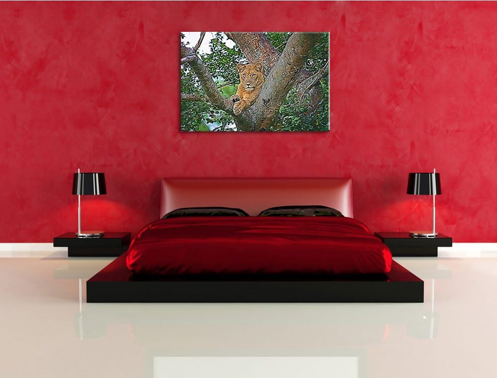 schöne Löwin auf Baum Deluxe Format: 100x70 cm auf Leinwand, XXL riesige Bilder fertig gerahmt mit K