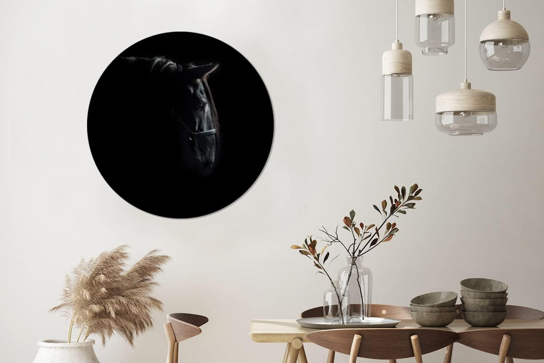 MuchoWow Wandbild Rund Wanddeko Deko Wohnzimmer Bilder 90x90 cm Pferd - Leicht - Schwarz, 90x90 cm