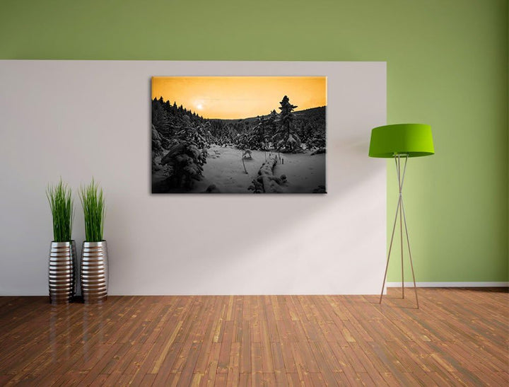 Wald im verschneiten Winter schwarz/weiss Format: 100x70 auf Leinwand, XXL riesige Bilder fertig ger