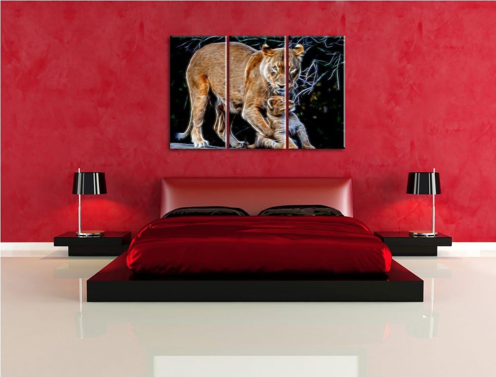 Dark Löwin spielt mit Jungtier Spezial 3-Teiler Leinwandbild 120x80 Bild auf Leinwand, XXL riesige B