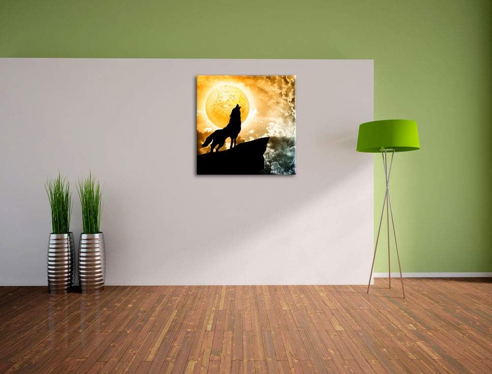 Wolf heult den Mond an, Format: 70x70 auf Leinwand, XXL riesige Bilder fertig gerahmt mit Keilrahmen