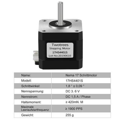 Twotrees Nema17, moteur pas à pas 4 fils moteur Nema 17 avec câble de 1 m 42BYGH 38 MM 1.5A (17HS440