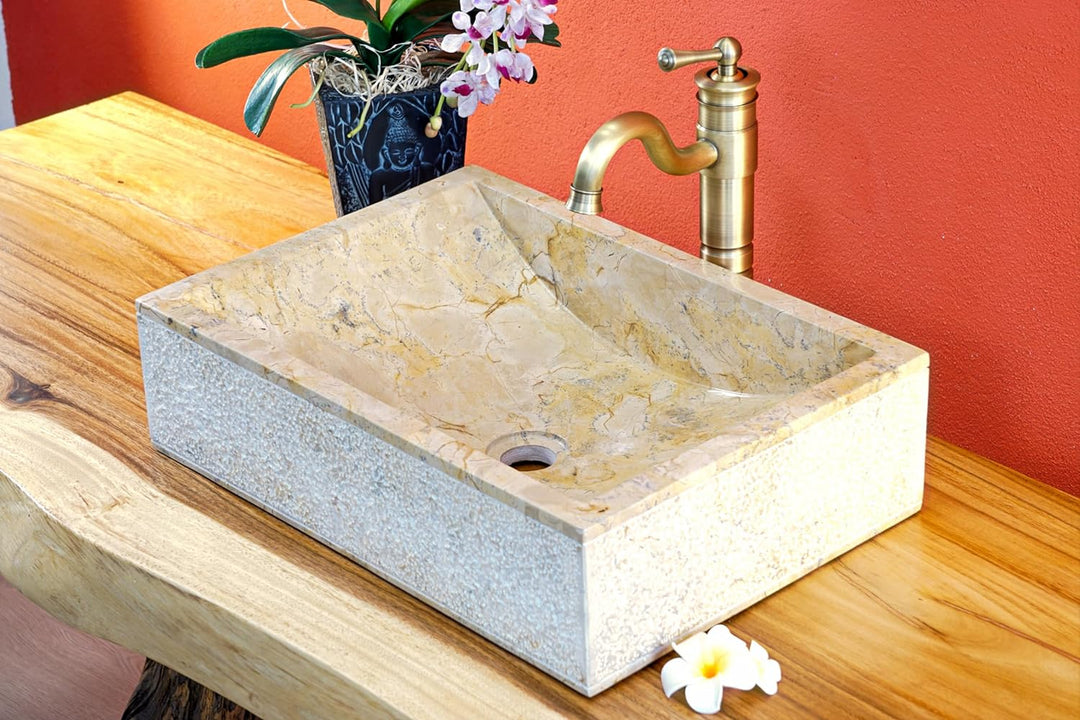 Naturstein Waschbecken beiger Marmor - 50x35 cm Aufsatz Waschschale - Heller Marmor Aufsatzwaschbeck