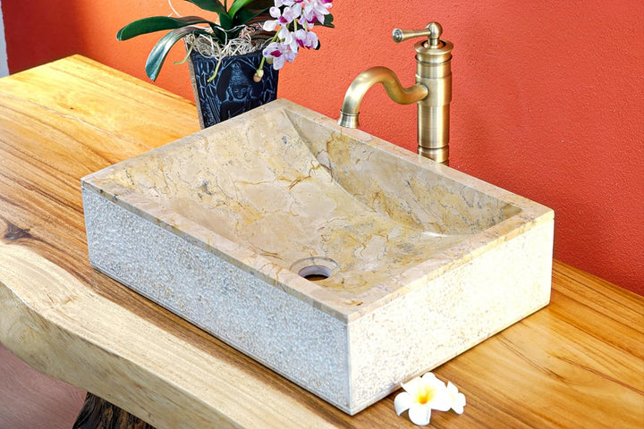 Naturstein Waschbecken beiger Marmor - 50x35 cm Aufsatz Waschschale - Heller Marmor Aufsatzwaschbeck