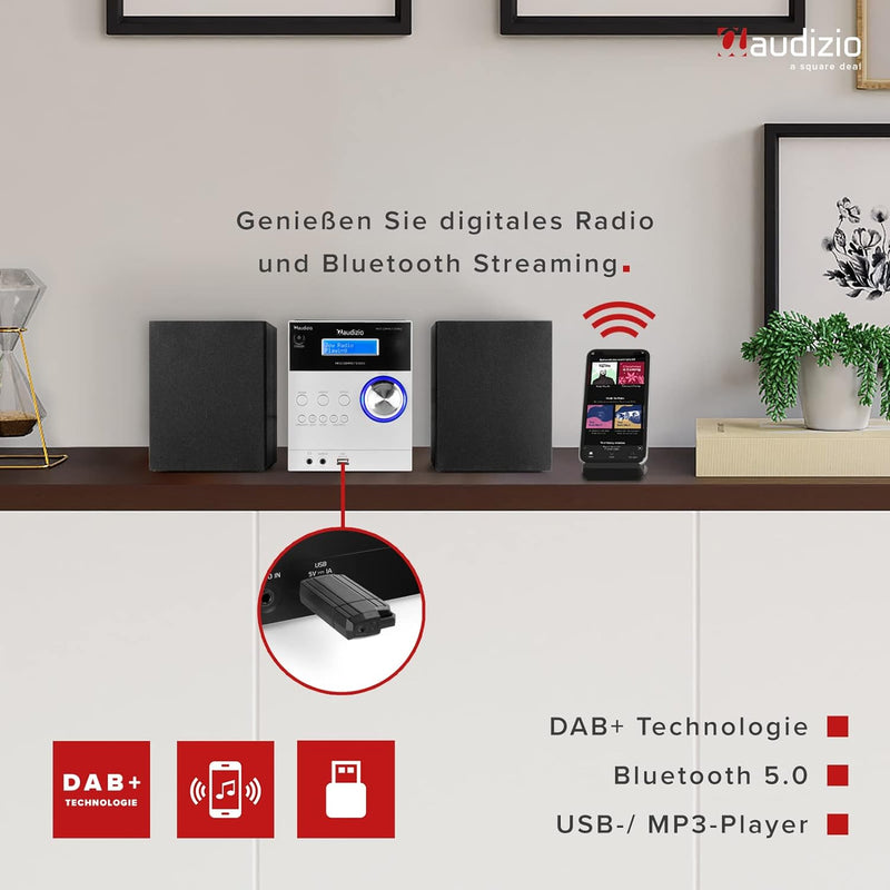 Audizio Metz DAB Radio mit CD, Bluetooth, MP3 Player, Fernbedienung, UKW, Aux Eingang, Radio Wecker,