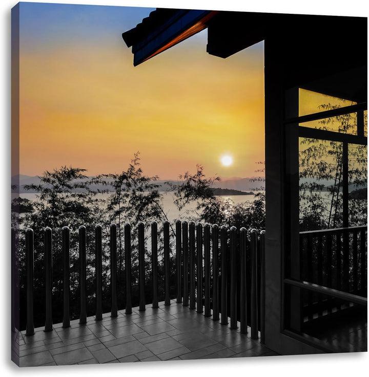 Pixxprint Aussicht auf Sonnenuntergang über See schwarz/weiss, Format: 70x70 auf Leinwand, 70x70