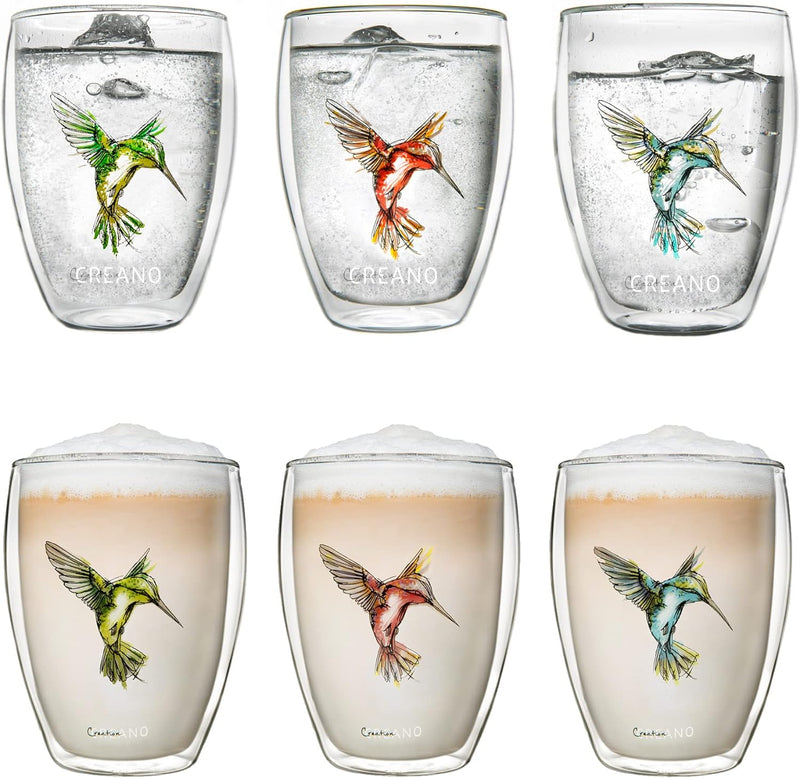 Creano doppelwandige Tee-Gläser, Cappuccino-Glas, Thermoglas Hummi im Kolibri Design, 6er Set, 250 m