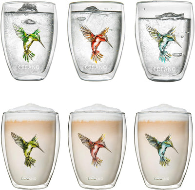 Creano doppelwandige Tee-Gläser, Cappuccino-Glas, Thermoglas Hummi im Kolibri Design, 6er Set, 250 m