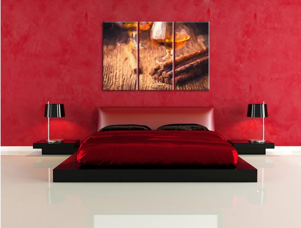 Pixxprint Whisky und Zigarre Pinsel Effekt 3-Teiler Leinwandbild 120x80 Bild auf Leinwand