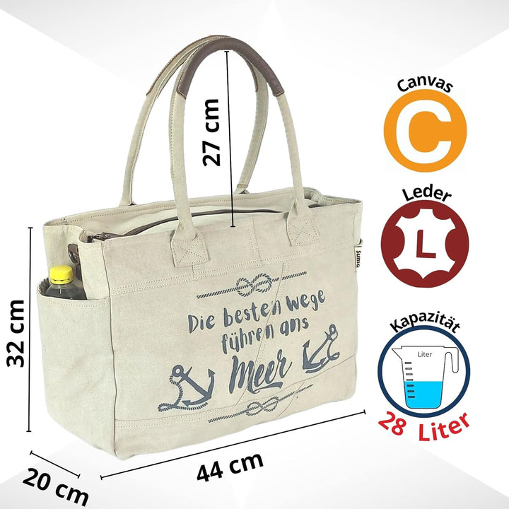 Sunsa Damen grosse Handtasche. XXL Tasche aus Canvas & Leder. Nachhaltige Strandtasche/Weekender in