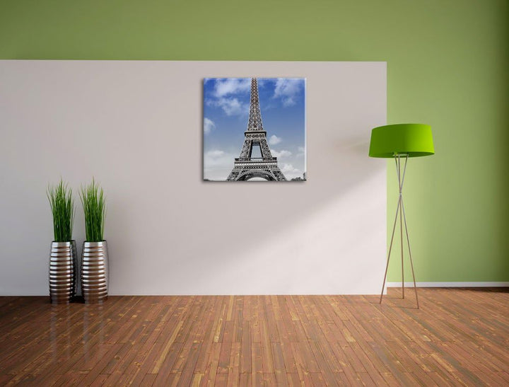 Pixxprint Eifelturm mit blauem Himmel Paris schwarz/weiss, Format: 70x70 auf Leinwand, 70x70