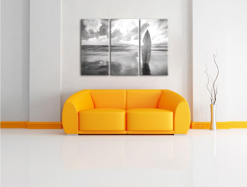Pixxprint Surfbrett am Strand / 3-Teilig/Gesamtmass 120cm Leinwandbild bespannt auf Holzrahmen/Wandb