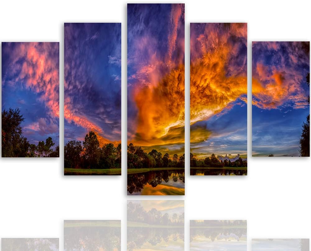 Feeby Bilder Landschaft 200x100 cm - Leinwandbild 5 Teilig XXL Kunstdruck Wolken blau Leinwandbild X