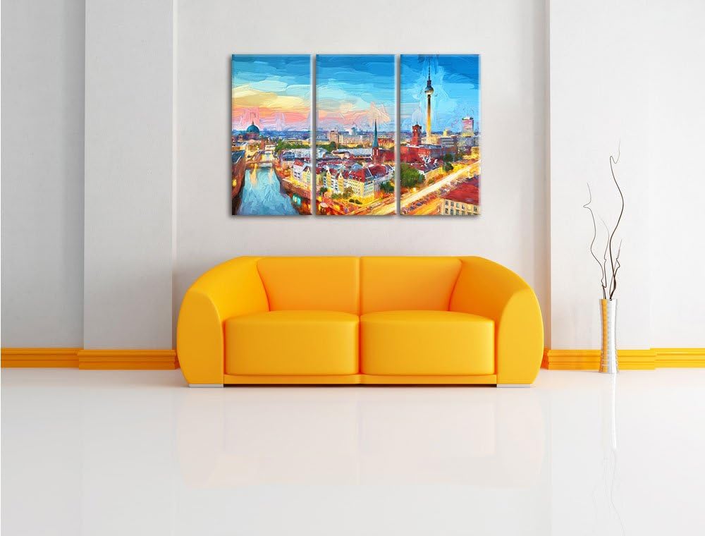 Pixxprint Berlin City Panorama Kunst Pinsel Effekt 3-Teiler Leinwandbild 120x80 Bild auf Leinwand