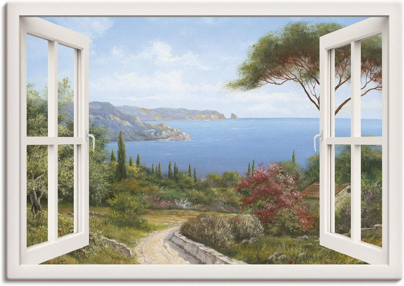 ARTland Leinwandbild Wandbild Bild auf Leinwand 70x50 cm Wanddeko Fensterblick Fenster Küste Meer Bu