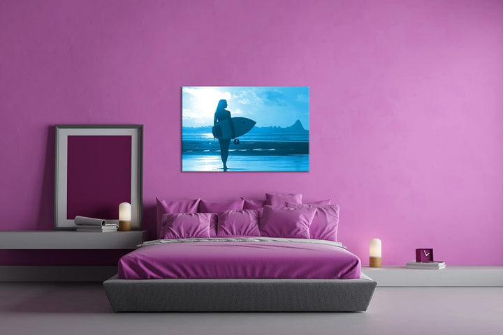 deyoli Surfen im Sonnenuntergang Format: 80x60 Effekt: Monocrome Blau als Leinwandbild, Motiv fertig