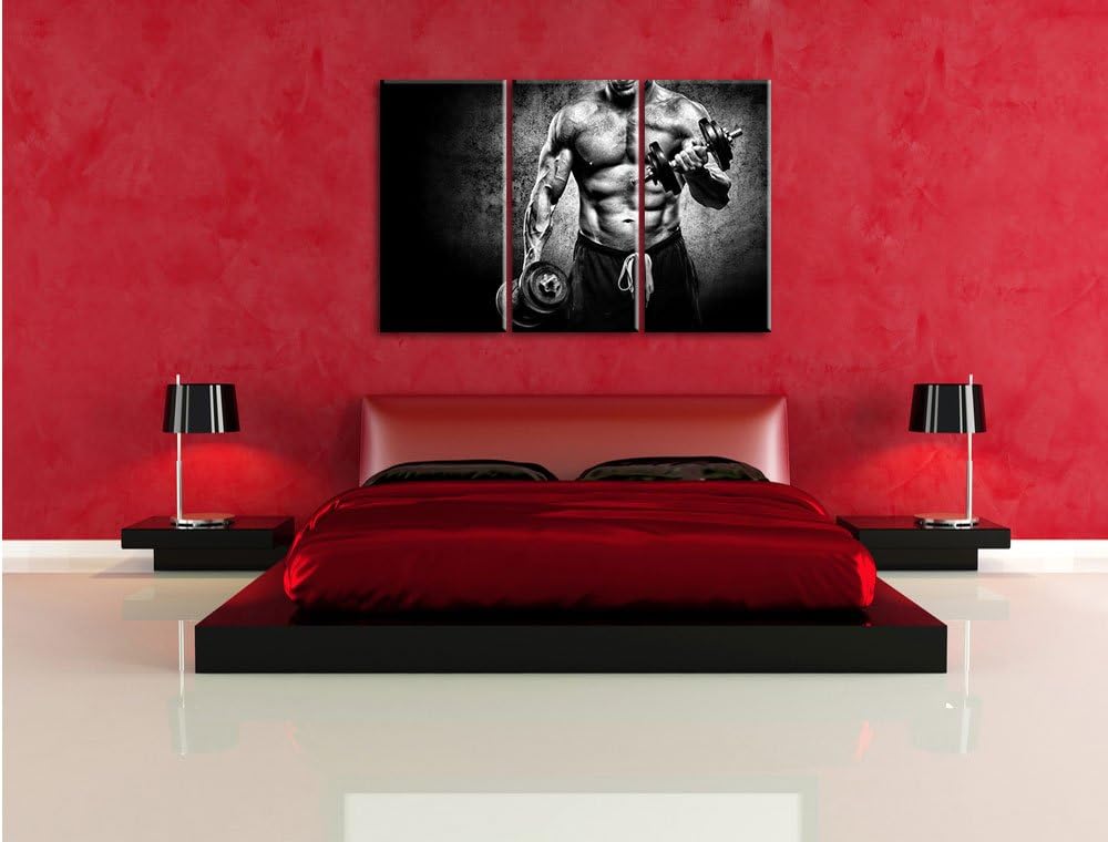 Pixxprint Monocrome, Starker Bodybuilder mit Hantel 3-Teiler Leinwandbild 120x80 Bild auf Leinwand