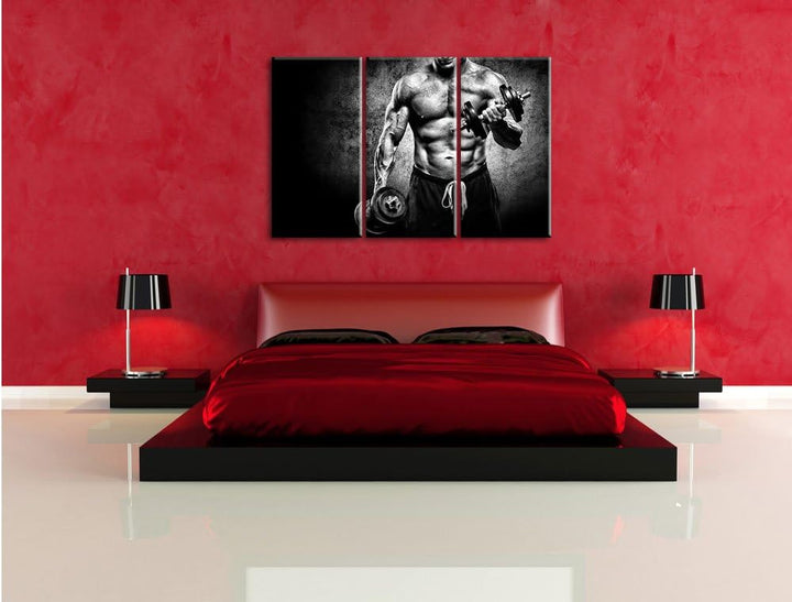 Pixxprint Monocrome, Starker Bodybuilder mit Hantel 3-Teiler Leinwandbild 120x80 Bild auf Leinwand
