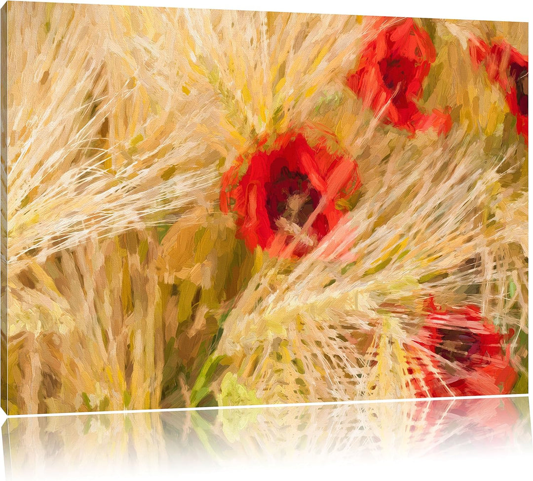Pixxprint rote Mohnblumen auf dem Mais-Feld Kunst Pinsel Effekt, Format: 100x70 auf Leinwand, XXL ri