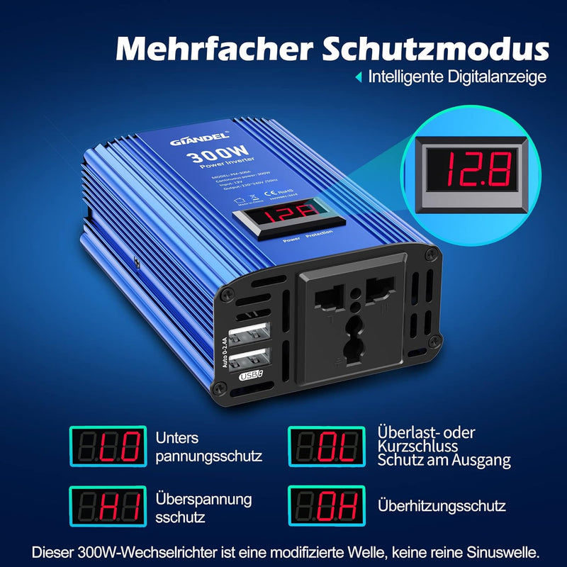 GIANDEL 300W Wechselrichter Kfz spannungswandler 12V auf 230V Power Inverter mit Universal Steckdose