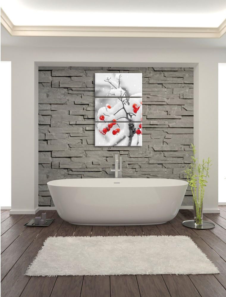 Pixxprint Rote Vogelbeeren im Winter 3-Teiler Leinwandbild 120x80 Bild auf Leinwand